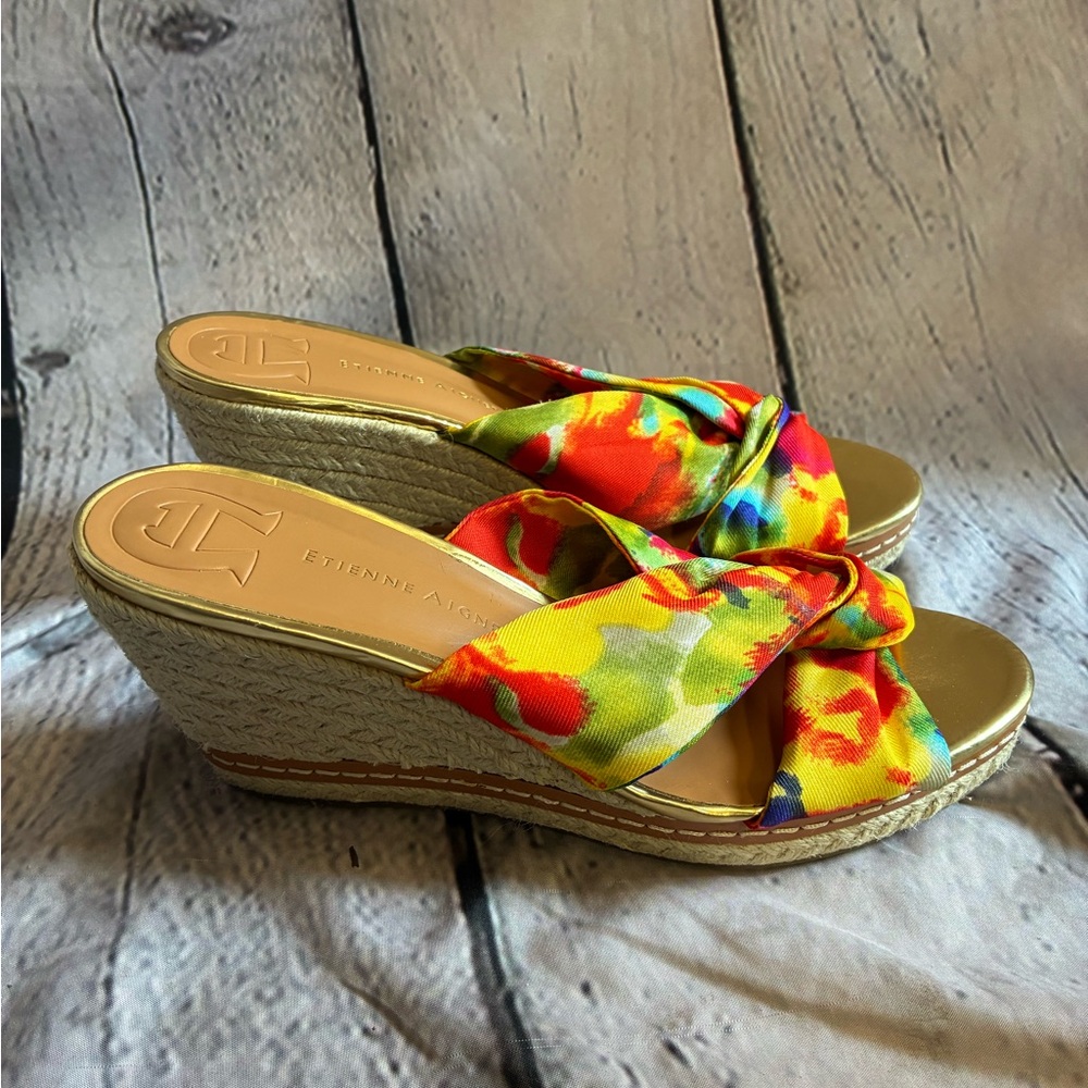 Etienne Aigner Krista Tie Dye Twisted Knot Espadrille Wedge Sandal Shoes Size 9